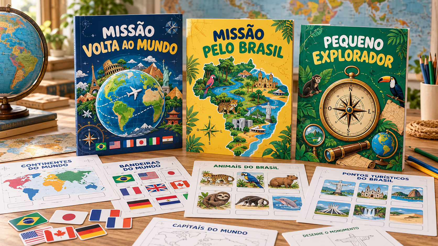 Coleção Expedição Volta ao Mundo: livros de Bandeiras do Mundo, Animais do Brasil, Missão pelo Brasil e atividades educativas
