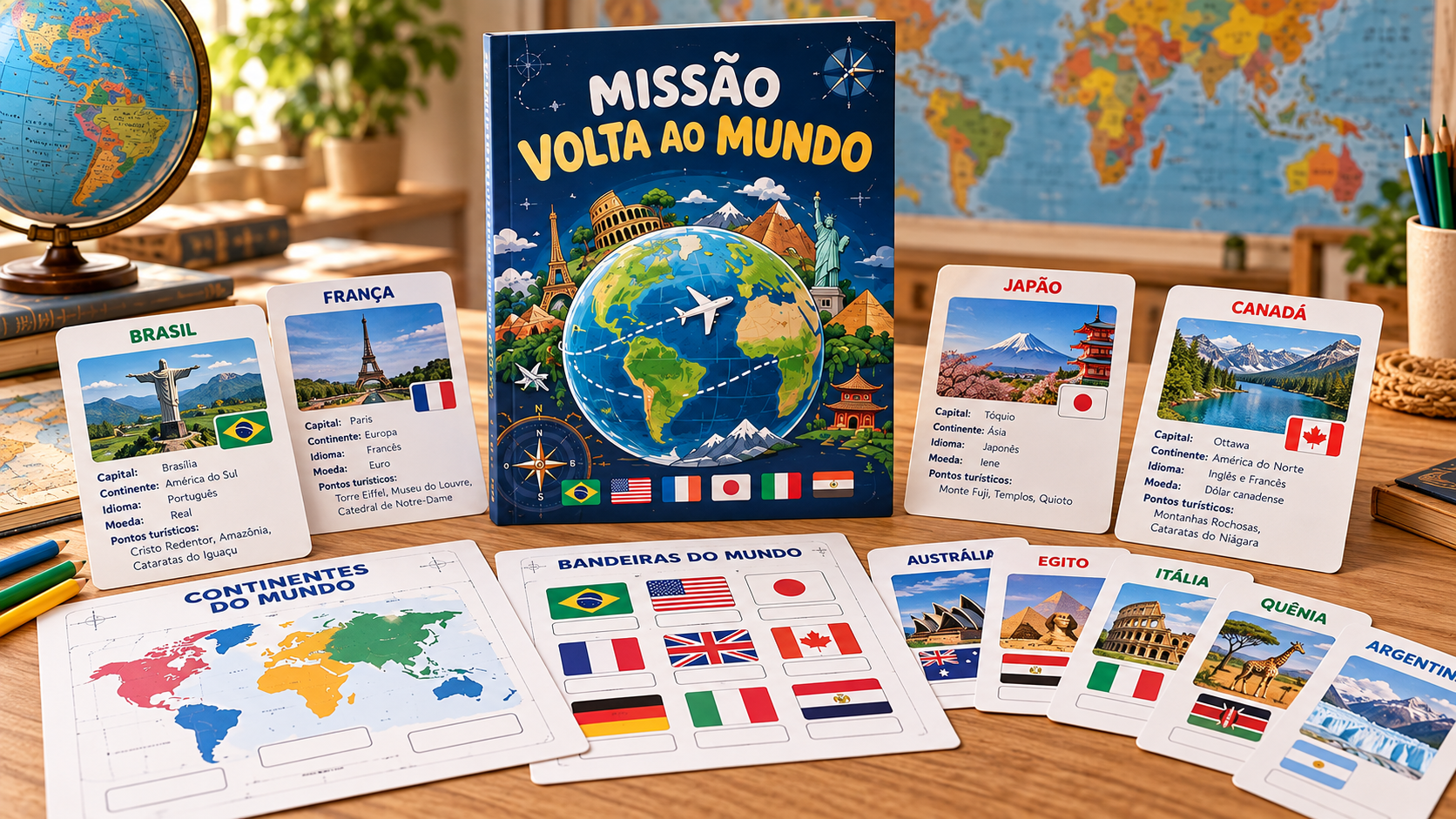 Livro Bandeiras do Mundo e cartas de atividades sobre países, capitais, moedas e curiosidades