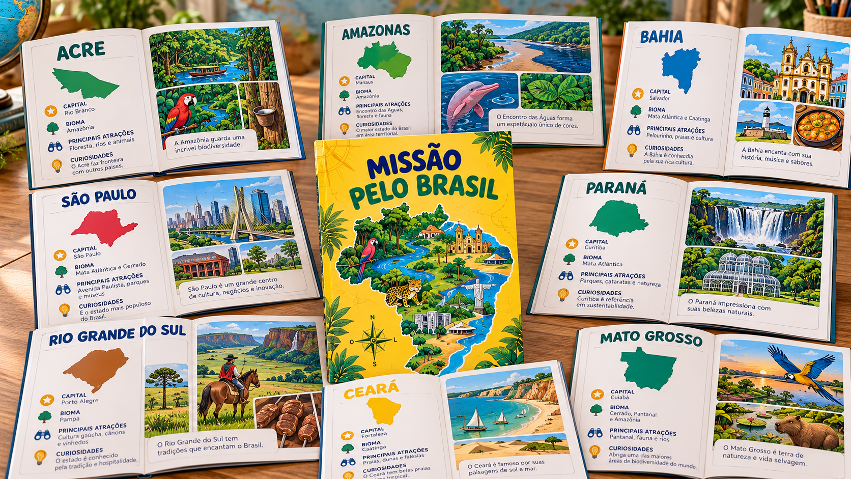 Livro Missão pelo Brasil: Estados, Capitais e Bandeiras, com páginas de Acre, Amazonas, Bahia, São Paulo, Paraná, Rio Grande do Sul, Ceará e Mato Grosso