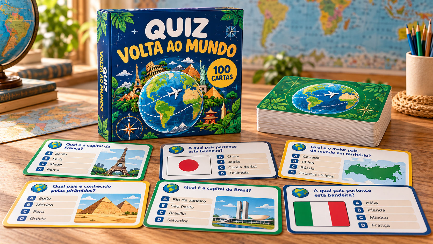 Quiz Volta ao Mundo: 100 cartas com perguntas sobre países, capitais, bandeiras e curiosidades