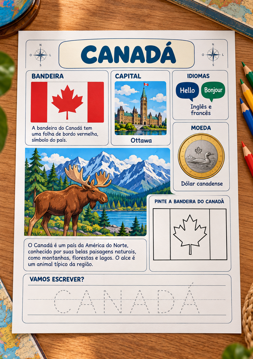 Atividade sobre o Canadá com bandeira, mapa e curiosidades