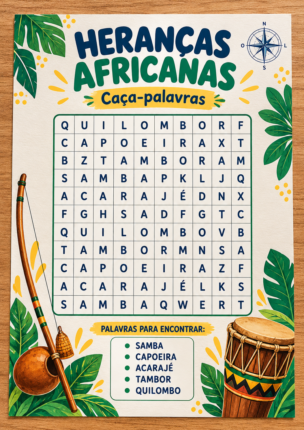 Caça-palavras sobre heranças africanas na cultura brasileira
